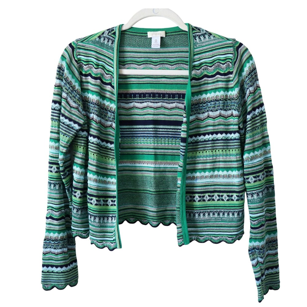 Vintage Chico's Green Stripe Cropped Knit Cardigan Sweater Scalloped Hem Phoebe